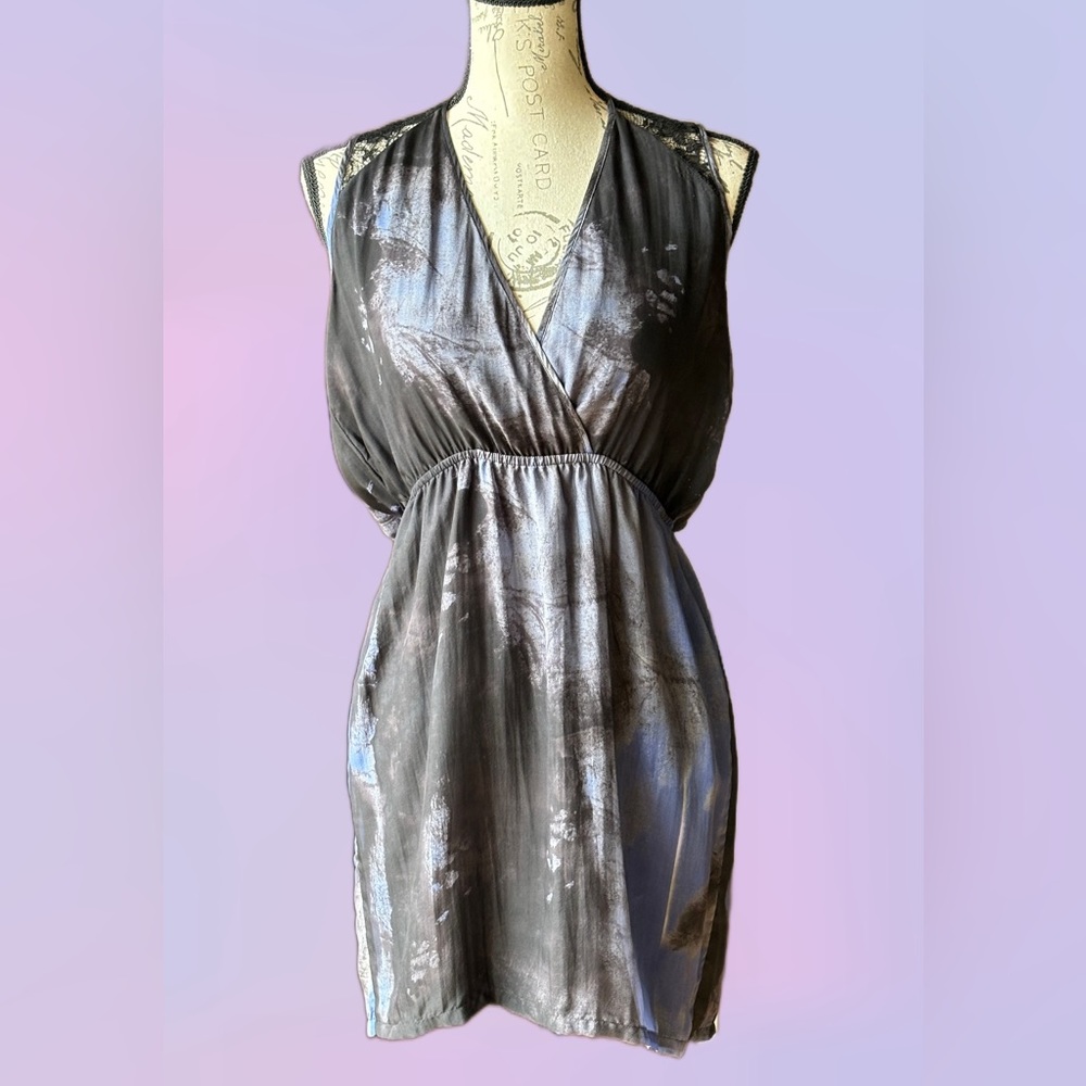 Aqua - Muted Tie-Dye Silk-Like Dress, Lace Detail, Open Back (M) Like New
